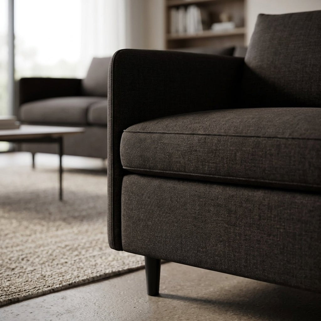Accoudoir de canapé en tissu gris foncé, gros plan sur le rembourrage et la couture.