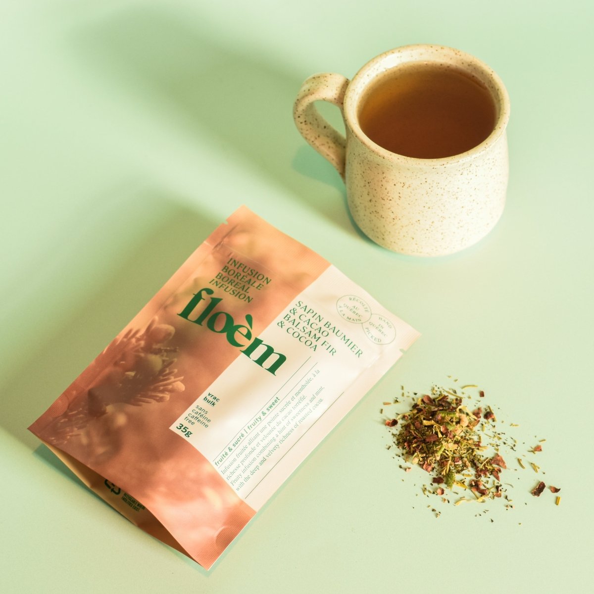 Tisane en vrac – Sapin baumier & Cacao | Floèm - Les Trouvailles de JustineTisaneFloèmSac 35g / Vrac