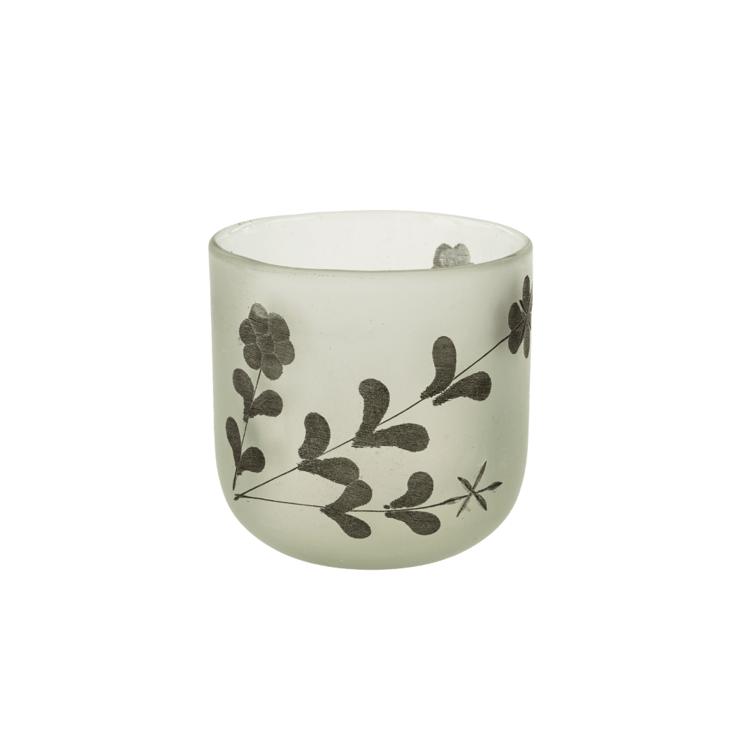 Vase Rosalie en verre soufflé grand format, noir avec motifs floraux sur fond clair