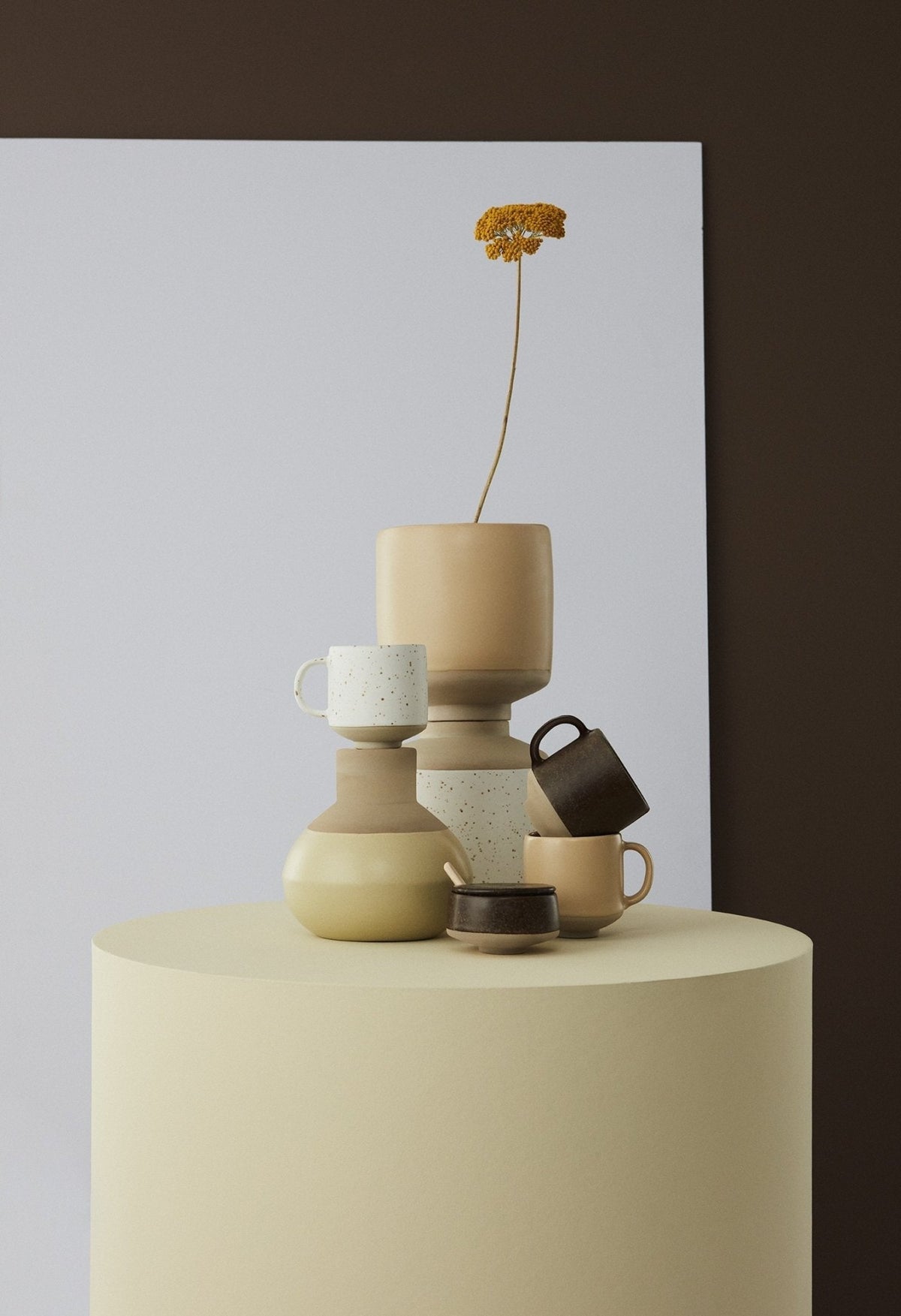 Vase en grès jaune pâle, col étroit et ouvert, tige de fleurs séchées