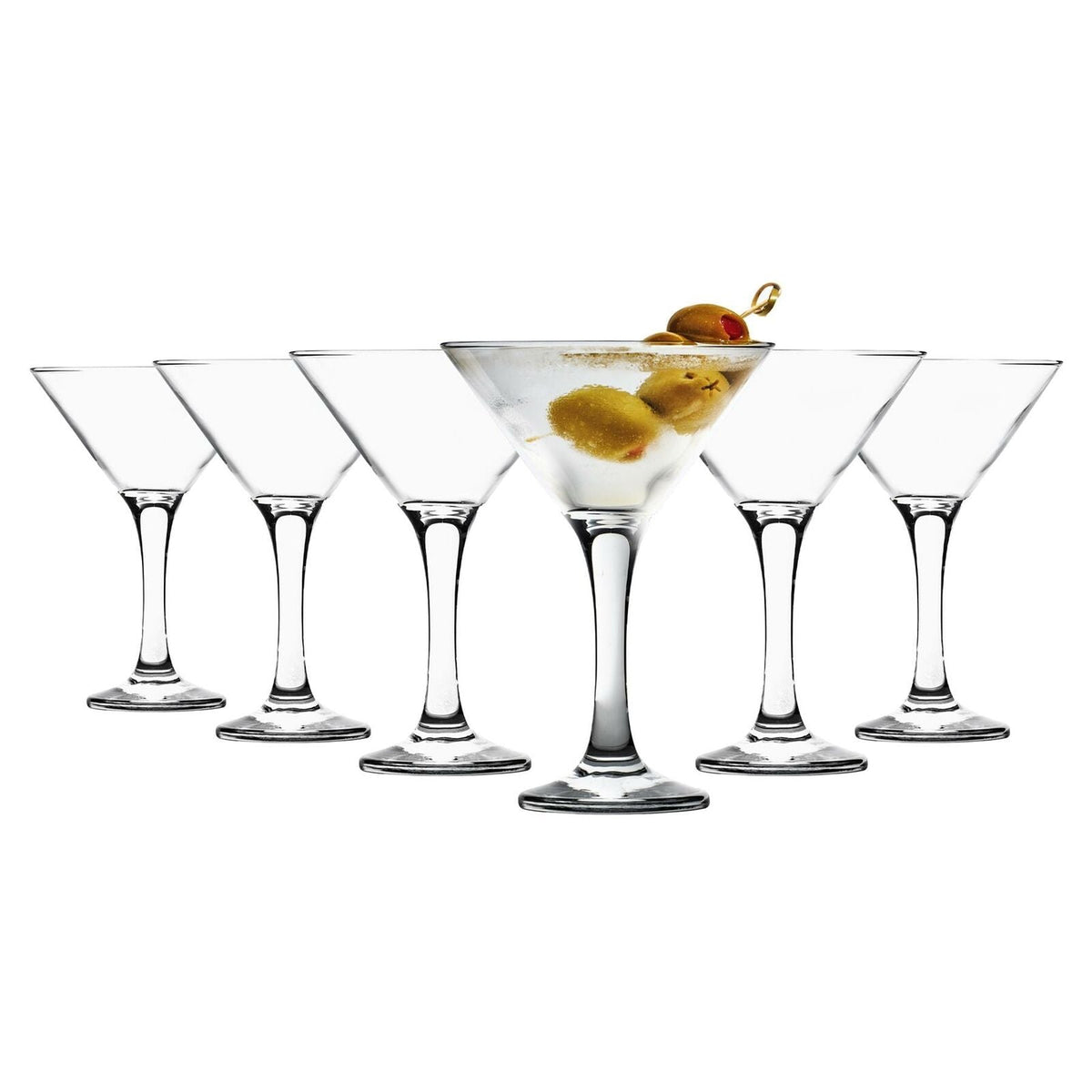 Ensemble de 6 verres à martini transparents au pied noir, olive sur un verre