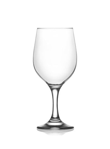 Verre à vin transparent sur pied, forme tulipe, style classique.