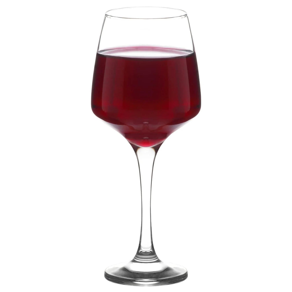 Verre à vin en verre transparent, pied évasé, rempli de vin rouge