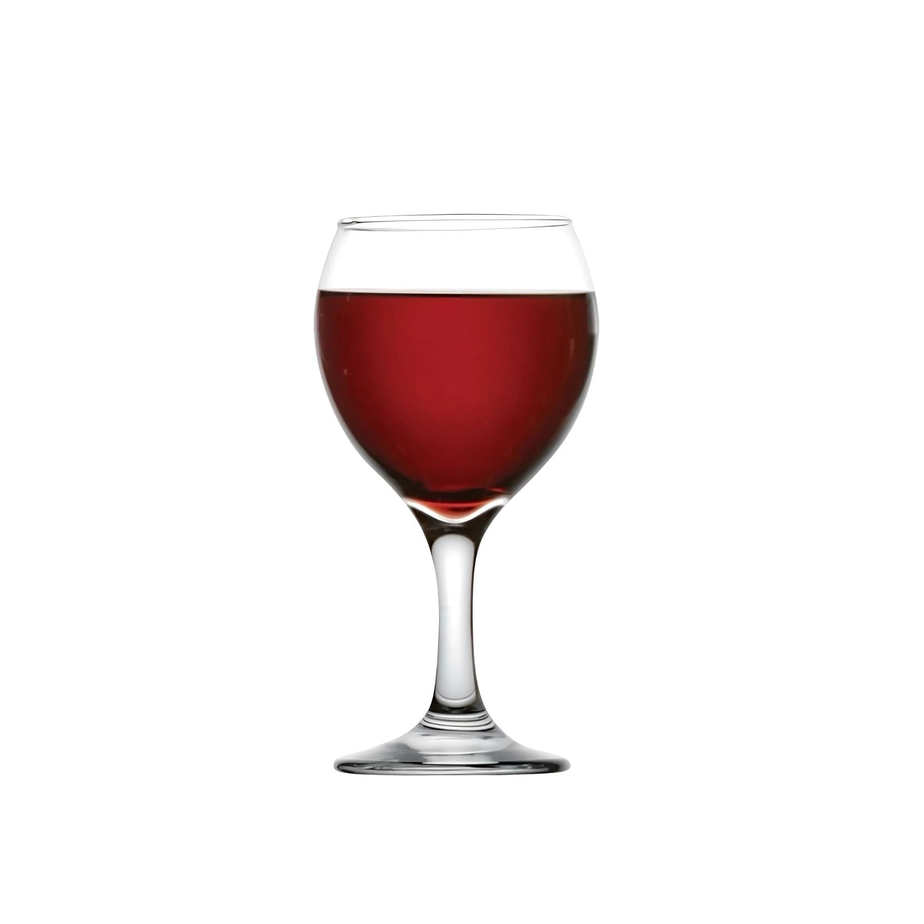 Verre à vin LAV MISKET transparent, pied et coupe arrondie, avec vin rouge