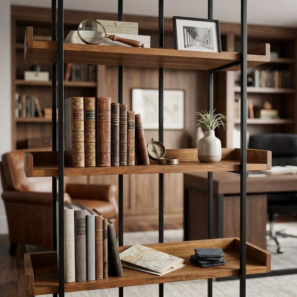 Bibliothèque Victorville en acacia massif | Style industriel | 5 étagères ouvertes