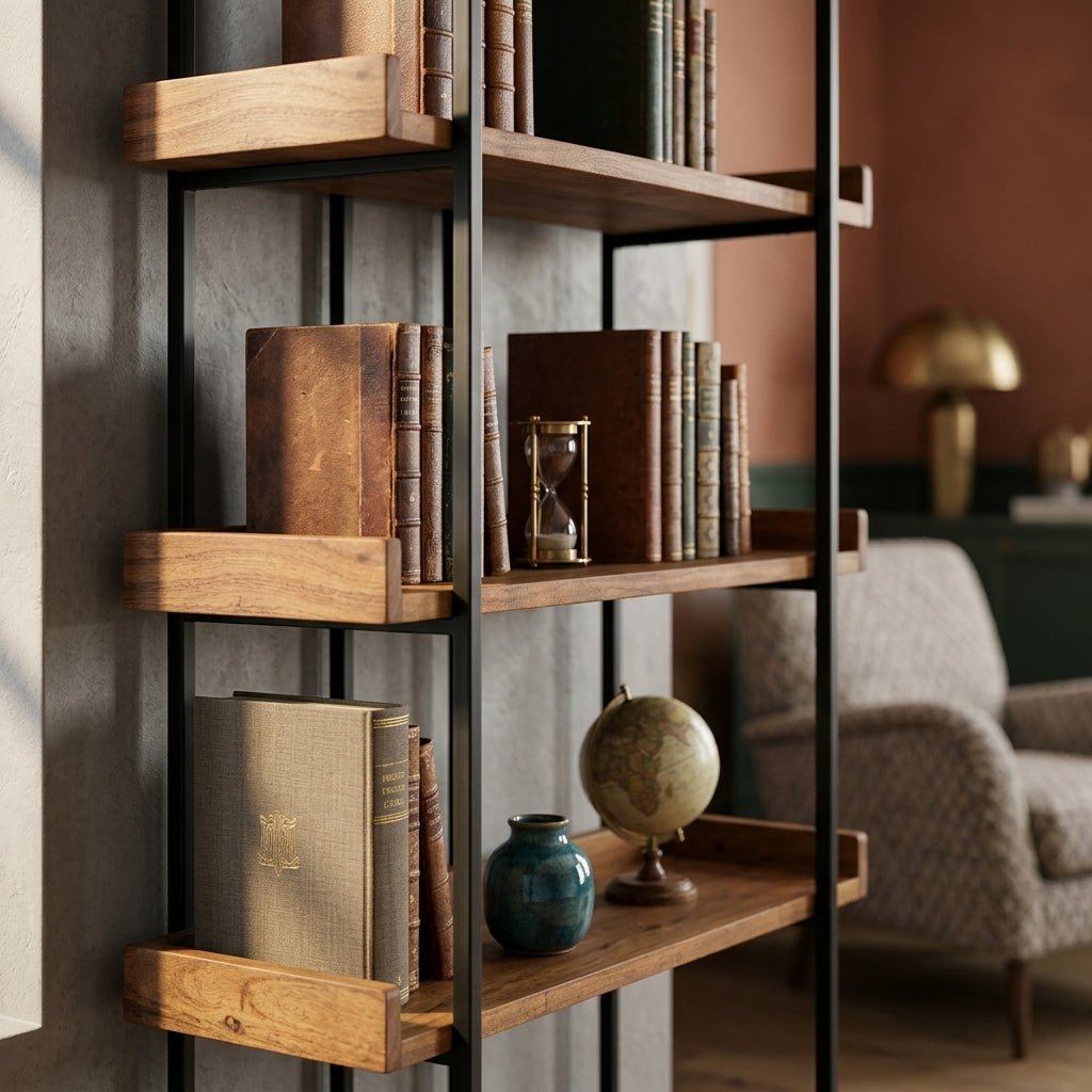 Bibliothèque Victorville en acacia massif | Style industriel | 5 étagères ouvertes